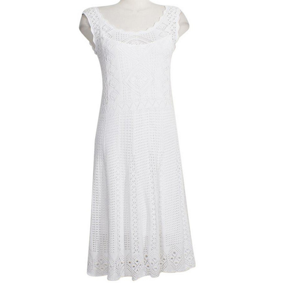 White Cotton Crochet Fit Flare Sleeveless Dress L